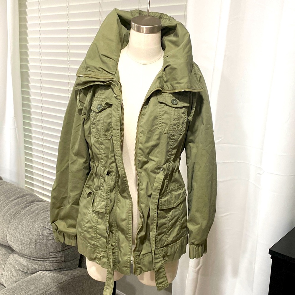Green Safari Military Utility Jacket Funnel Neck Tie Waist